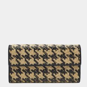 Pre Owned Bottega Veneta Black/Cream Intrecciato Houndstooth Flap Continental Wallet