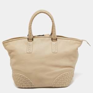 Pre Owned Bottega Veneta Beige Intrecciato Leather Zip Shopper Tote