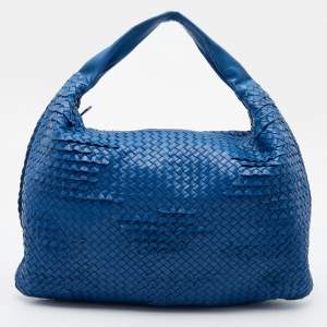 Pre Owned Bottega Veneta Blue Intrecciato Leather Large Hobo