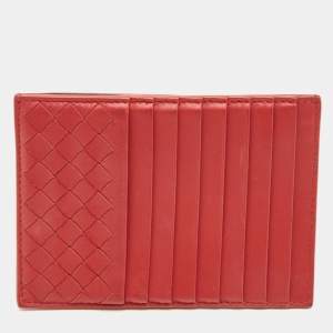 Pre Owned Bottega Veneta Red Intrecciato Leather Zip Card Holder 