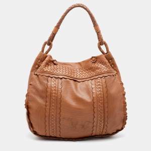 Pre Owned Bottega Veneta Brown Perforated  Leather Large Scalloped Detail Hobo