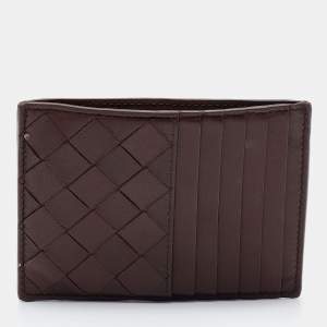 Pre Owned Bottega Veneta Brown Intrecciato Leather Zip Card Holder 