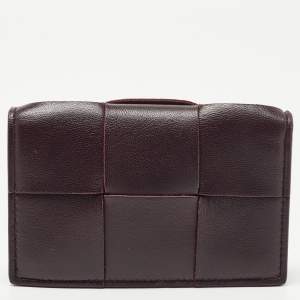 Pre Owned Bottega Veneta Dark Burgundy Intrecciato Leather Flap Card Case