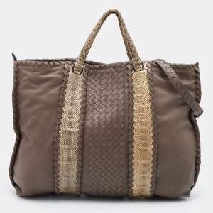 Pre Owned Bottega Veneta Grey/Beige Intrecciato Leather and Watersnake Leather Hobo