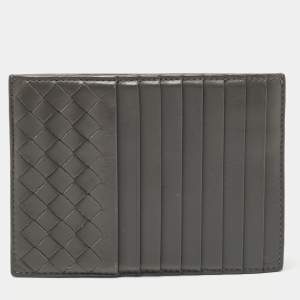 Pre Owned Bottega Veneta Grey Intrecciato Leather Zip Card Holder