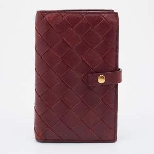 Pre Owned Bottega Veneta Red Intrecciato Leather French Compact Wallet
