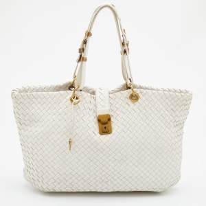 Pre Owned Bottega Veneta Off White Intrecciato Leather Tote