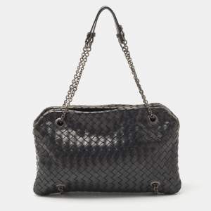 Pre Owned Bottega Veneta Black Intrecciato Leather Duo Shoulder Bag