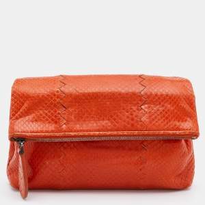 Pre Owned Bottega Veneta Orange Intrecciato Watersnake Leather Clutch