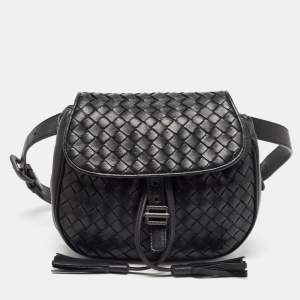 Bottega Veneta Black Intrecciato Leather Zip Around Tassel Belt Bag