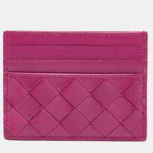 Pre Owned Bottega Veneta Fuchsia Intrecciato Leather Card Holder