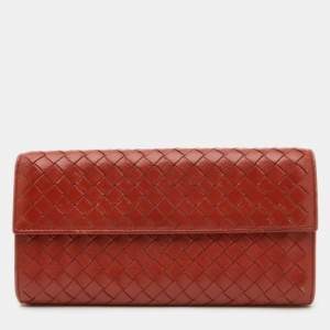 Pre Owned Bottega Veneta Rust Intrecciato Leather Flap Continental Wallet