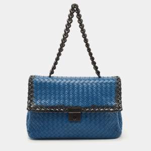 Pre Owned Bottega Veneta Blue/Black Intrecciato Leather and Karung Flap Chain Bag
