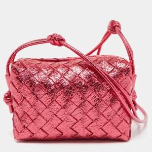Pre Owned Bottega Veneta Red Intrecciato Foil Leather Mini Loop Camera Crossbody Bag