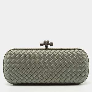 Pre Owned Bottega Veneta Light Green Satin and Watersnake Leather Knot Long Clutch
