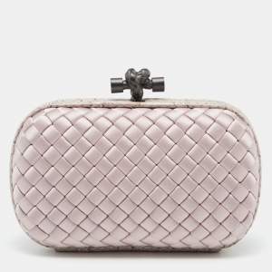 Pre Owned Bottega Veneta Pink Intrecciato Satin and Karung Leather Knot Clutch