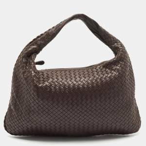 Pre Owned Bottega Veneta Dark Brown Intrecciato Leather Large Veneta Hobo