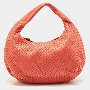 Pre Owned Bottega Veneta Coral Orange Intrecciato Leather Belly Veneta Hobo