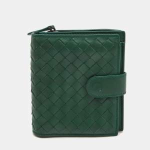 Pre Owned Bottega Veneta Green Intrecciato Leather French Compact Wallet