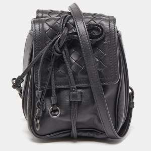 Pre Owned Bottega Veneta Black Intrecciato Leather Double Micro Crossbody Bag