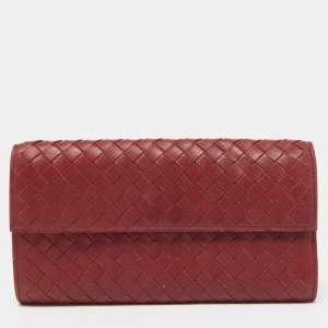 Pre Owned Bottega Veneta Red Intrecciato Leather Flap Continental Wallet