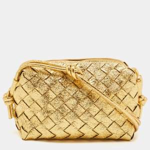 Pre Owned Bottega Veneta Gold Intrecciato Foil Leather Mini Loop Camera Crossbody Bag