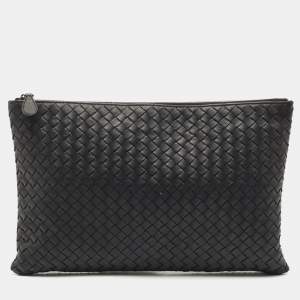 Pre Owned Bottega Veneta Black Intrecciato Leather Top Zip Pouch