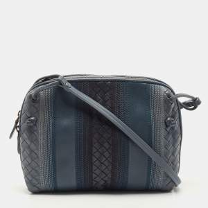 Pre Owned Bottega Veneta Blue Intrecciato and Stitched Leather Nodini Crossbody Bag