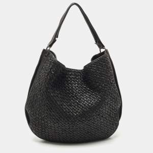 Pre Owned Bottega Veneta Black Intercciato Leather Large Loop Hobo