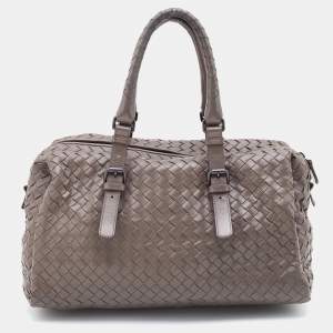 Pre Owned Bottega Veneta Grey Intrecciato Leather Boston Zip Bag