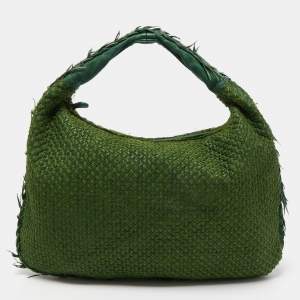 Pre Owned Bottega Veneta Two Tone Green Woven Fabric and Leather Large Veneta Hobo
