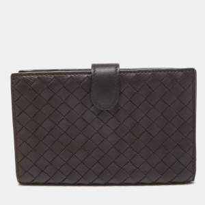 Pre Owned Bottega Veneta Dark Brown Intrecciato Leather French Wallet