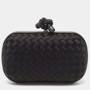 Pre Owned Bottega Veneta Black Intrecciato Satin and Leather Knot Clutch