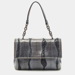 Pre Owned Bottega Veneta Dark Blue/Black Snake Skin and Intrecciato Leather Shoulder Bag