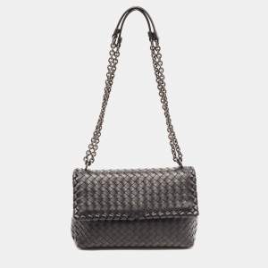 Pre Owned Bottega Veneta Black Intrecciato Leather Olimpia Flap Shoulder Bag