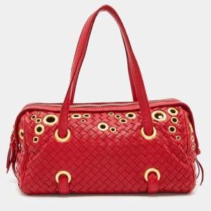 Pre Owned Bottega Veneta Red Intrecciato Leather Grommet Satchel