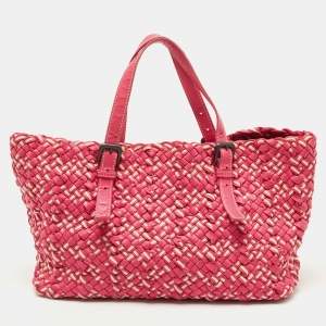 Pre Owned Bottega Veneta Pink/Beige Top Woven Leather Shopper Tote