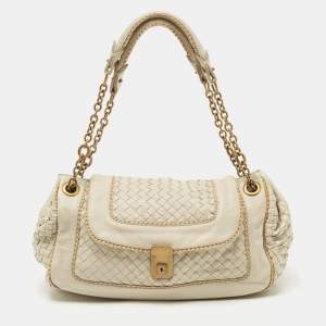 Pre Owned Bottega Veneta Ivory/Gold Intrecciato Leather Napoli Shoulder Bag