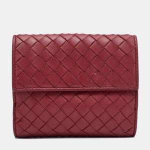 Pre Owned Bottega Veneta Reddish Brown Intrecciato Leather French Compact Wallet