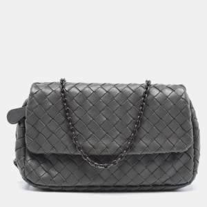Pre Owned Bottega Veneta Grey Intrecciato Leather Flap Chain Crossbody Bag