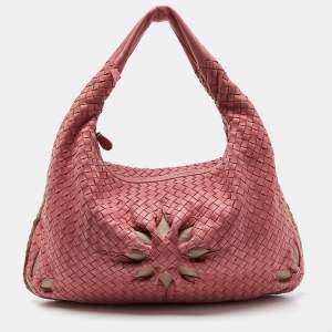 Pre Owned Bottega Veneta Pink Intrecciato Leather and Canvas Floral Cutout Hobo