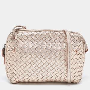 Pre Owned Bottega Veneta Metallic Rose Gold Intrecciato Leather Nodini Crossbody Bag