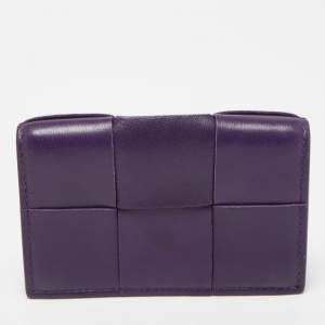 Pre Owned Bottega Veneta Purple Intrecciato Leather Cassette Flap Card Case