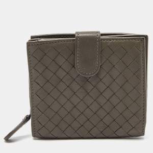 Pre Owned Bottega Veneta Grey Intrecciato Leather French Compact Wallet