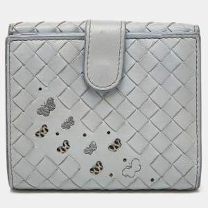 Pre Owned Bottega Veneta Blue Intrecciato Leather Butterfly French Wallet