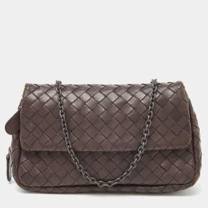 Pre Owned Bottega Veneta Brown Intrecciato Leather Flap Chain Crossbody Bag