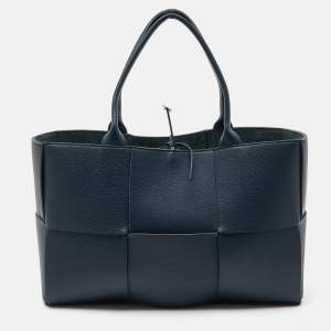Pre Owned Bottega Veneta Deep Blue Intrecciato Leather Medium Arco Tote