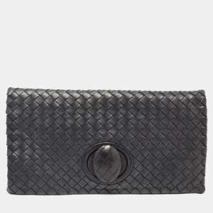 Pre Owned Bottega Veneta Black Intrecciato Leather Twist Lock Flap Clutch