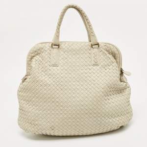 Pre Owned Bottega Veneta Off White Intrecciato Leather Large Top Frame Satchel
