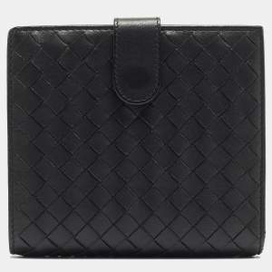 Pre Owned Bottega Veneta Black Intrecciato Leather French Compact Wallet